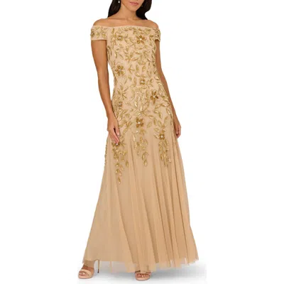 Adrianna Papell Sequin Floral Off The Shoulder Gown In Brown