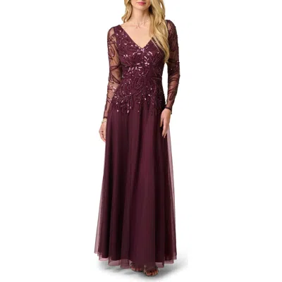 Adrianna Papell Sequin Leaf Long Sleeve A-line Gown In Burgundy