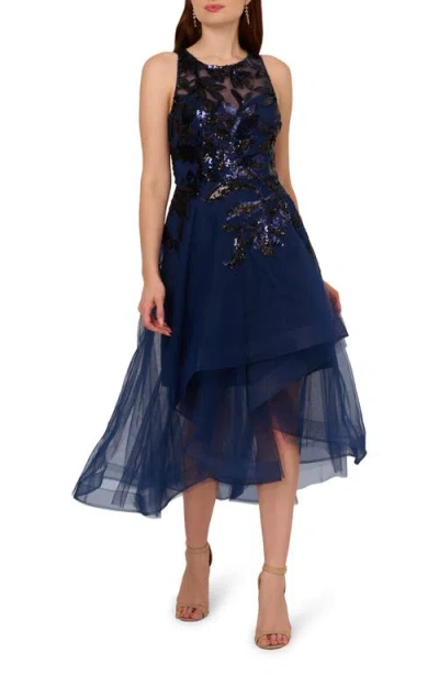 Adrianna Papell Sequin Leaf Sleeveless High-low Cocktail Dress In Navy/black