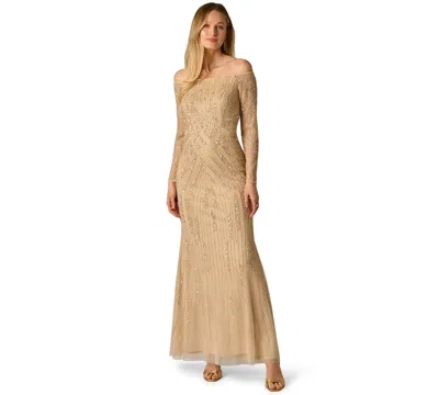 Adrianna Papell Sequin Off-the-shoulder Gown In Nude