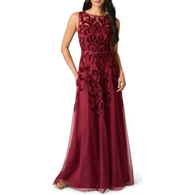 Adrianna Papell Baroque Scroll Velvet Beaded Gown In Mahogany In Brown