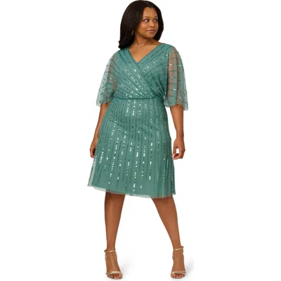 Adrianna Papell Sequin Wrap Front Dress In Green Slate
