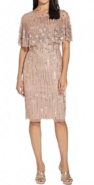 Adrianna Papell Sequined Cape Cocktail Dress In Rose Gold In Pink