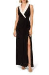 Adrianna Papell Shawl Collar Jersey Faux Wrap Gown In Black/ Ivory