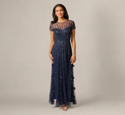 Adrianna Papell Short Sleeve 3d Beaded Vine Gown In Navy In Blue