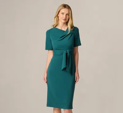 Adrianna Papell Short Sleeve Asymmetrical Tie Front Stretch Sheath Dress In Hunter In Blue