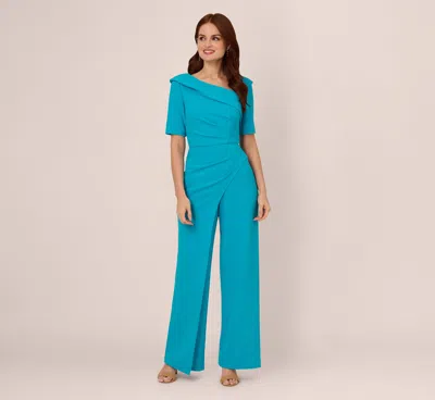 Adrianna Papell Short Sleeve Asymmetrical Wide Leg Crepe Jumpsuit In Bel Air Blue