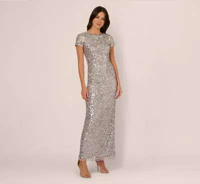 Adrianna Papell Short Sleeve Bead And Sequin Gown In Silver Mist In Multi
