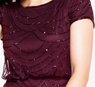 Adrianna Papell Short Sleeve Beaded Blouson Gown In Cassis In Red