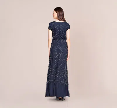 Adrianna Papell Short Sleeve Beaded Blouson Gown In Navy In Blue