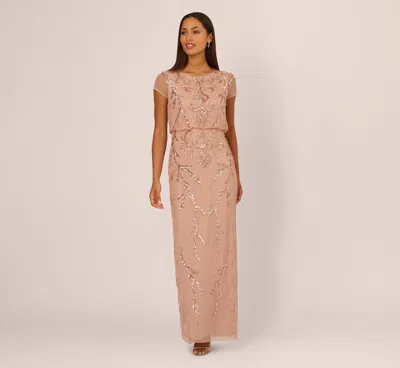 Adrianna Papell Short Sleeve Beaded Blouson Gown In Rose Gold In Brown