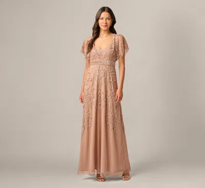 Adrianna Papell Short Sleeve Botanical Beaded Gown In Rose Gold In Pink