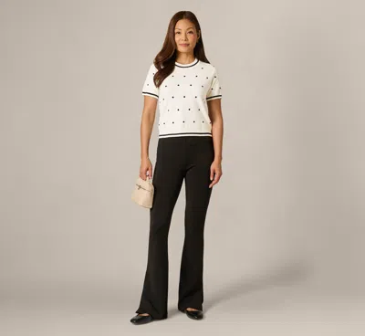 Adrianna Papell Short Sleeve Chain Patterned Knit Top In Ivory Navy Medium Simple Dot In White
