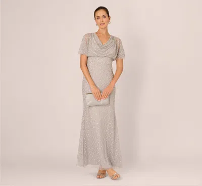 Adrianna Papell Short Sleeve Diamond Beaded Cowl Gown In Crystal Silver In Gray