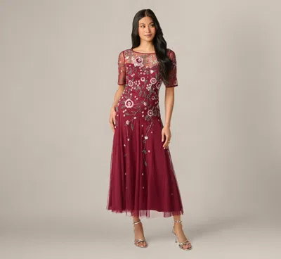 Adrianna Papell Short Sleeve Floral Beaded Sequin Ankle Length Dress In Mahogany In Multi