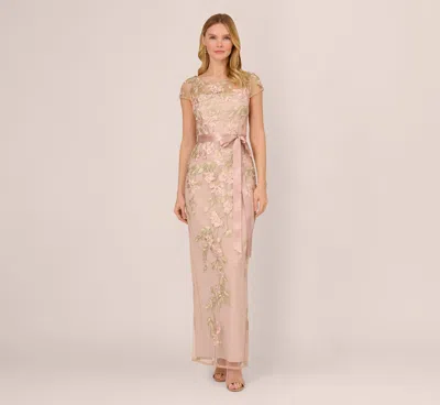 Adrianna Papell Short Sleeve Floral Embroidered Gown With Ribbon Tie Waist In Blush Nude Multi In Neutral