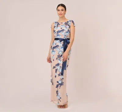 Adrianna Papell Short Sleeve Floral Embroidered Gown With Ribbon Tie Waist In Midnight Multi Nude