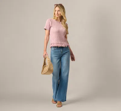 Adrianna Papell Short Sleeve Fringe Hem Cable Knit Sweater In Light Mauve In Pink