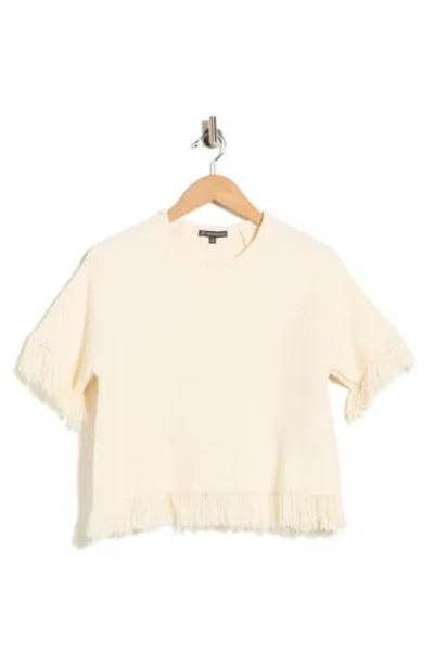 Adrianna Papell Short Sleeve Fringe Sweater In Neutral