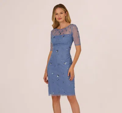 Adrianna Papell Short Sleeve Illusion Floral Beaded Sheath Dress In French Blue