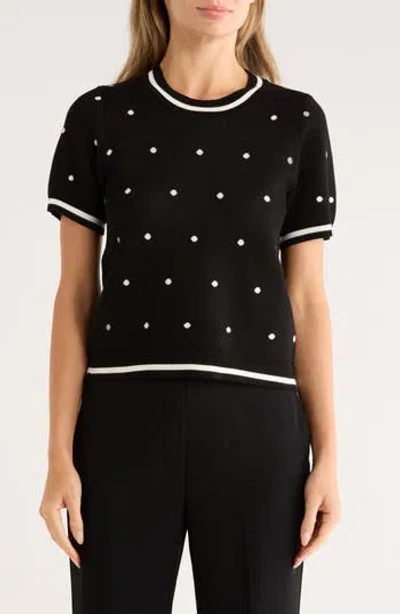 Adrianna Papell Short Sleeve Jacquard Sweater In Black