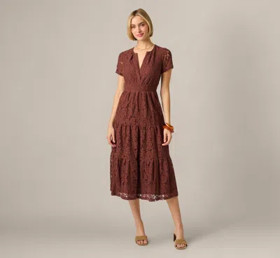 Adrianna Papell Short Sleeve Lace Tiered Sophia Dress In Chocolate In Brown