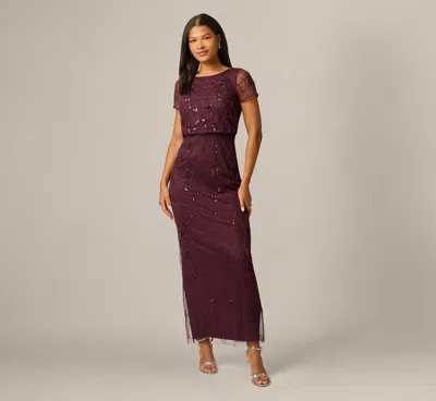 Adrianna Papell Short Sleeve Lattice Floral Beaded Blouson Gown In Night Plum In Burgundy