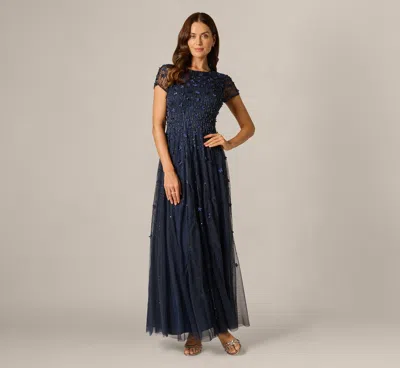 Adrianna Papell Short Sleeve Linear 3d Floral Beaded Gown In Navy In Blue