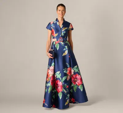 Adrianna Papell Short Sleeve Magnolia Floral Ballgown In Navy Multi In Blue