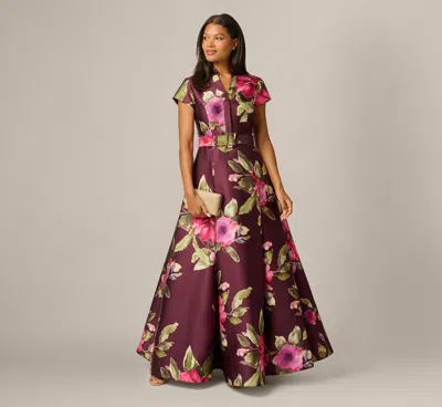 Adrianna Papell Short Sleeve Magnolia Floral Ballgown In Wine Multi