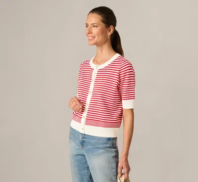 Adrianna Papell Short Sleeve Metallic Button Cardigan Sweater In Ivory Red In Pink
