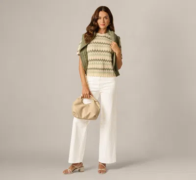 Adrianna Papell Short Sleeve Open Pointelle Scalloped Sweater In Dusty Sage Green Chevron In Multi