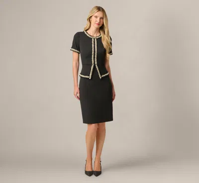 Adrianna Papell Short Sleeve Pearly Trim Peplum Stretch Sheath Dress In Black In Multi