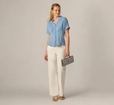Adrianna Papell Short Sleeve Pleated Waist Blouse In Rain Washed In Blue