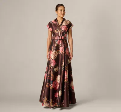 Adrianna Papell Short Sleeve Rose Floral Ballgown In Brown Multi