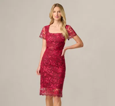 Adrianna Papell Short Sleeve Rose Floral Embroidered Sheath Dress In Burgundy Pink In Multi