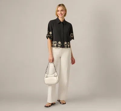 Adrianna Papell Short Sleeve Scalloped Floral Embroidery Blouse In Black Ivory