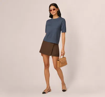 Adrianna Papell Short Sleeve Scalloped Sweater Top In Slate Blue