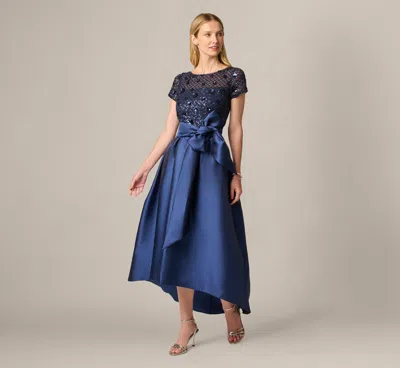 Adrianna Papell Short Sleeve Sequin Combo High Low Dress In Light Navy In Blue
