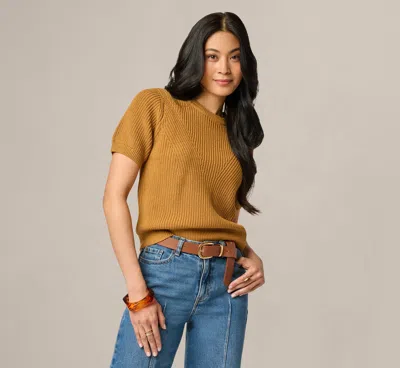 Adrianna Papell Short Sleeve Shaker Knit Pullover Sweater In Butternut In Brown