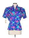 Adrianna Papell Short Sleeve Silk Top Blue Floral Pattern Keyhole Neckline Tops In Multi