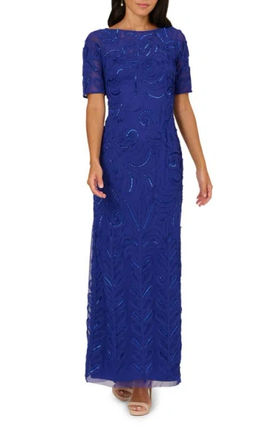 Adrianna Papell Short Sleeve Soutache Column Gown In Blue