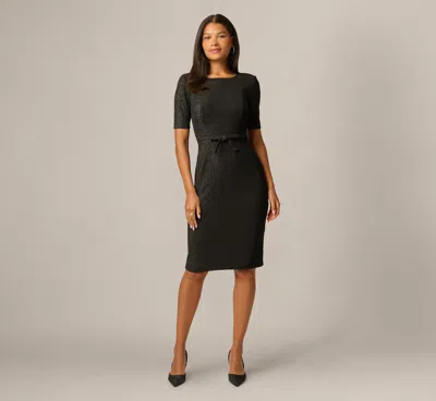 Adrianna Papell Short Sleeve Stretch Shimmer Knit Bow Waist Sheath Dress In Black