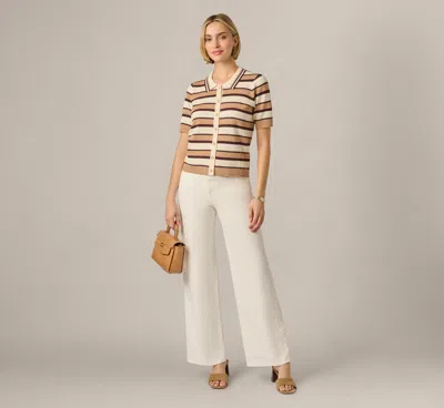 Adrianna Papell Short Sleeve Textured Knit Collared Cardigan Sweater In Chocolate Combo In Neutral