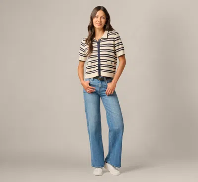 Adrianna Papell Short Sleeve Textured Knit Collared Cardigan Sweater In Cream Navy In Multi