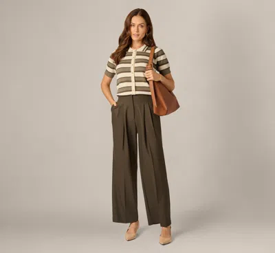 Adrianna Papell Short Sleeve Textured Knit Collared Cardigan Sweater In Olive Tree Combo In Neutral