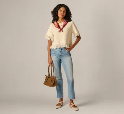 Adrianna Papell Short Sleeve Textured Knit Raglan Fringe Sweater In Cream In Blue