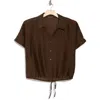 Adrianna Papell Short Sleeve Tie Front Button-up Shirt In Java