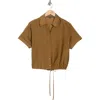 Adrianna Papell Short Sleeve Tie Hem Button-up Shirt In Olive Brown