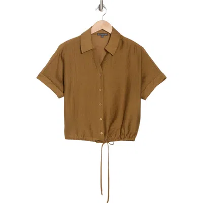 Adrianna Papell Short Sleeve Tie Hem Button-up Shirt In Olive Brown